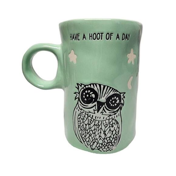 Artisan Coffee Mugs, Mint Green "Have a Hoot of a Day" Ceramic Owl Drinking Cup - Picture 6 of 7